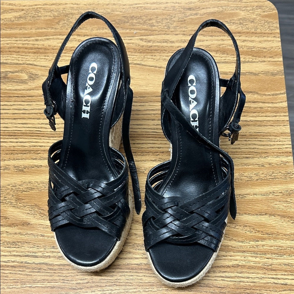 Coach Black Woven Strap Wedges
